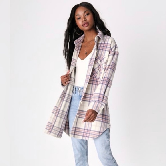 Lulus Medium Plaid Intentions Longline Shacket Shirt Jacket Wool Blend Womens - Picture 1 of 16